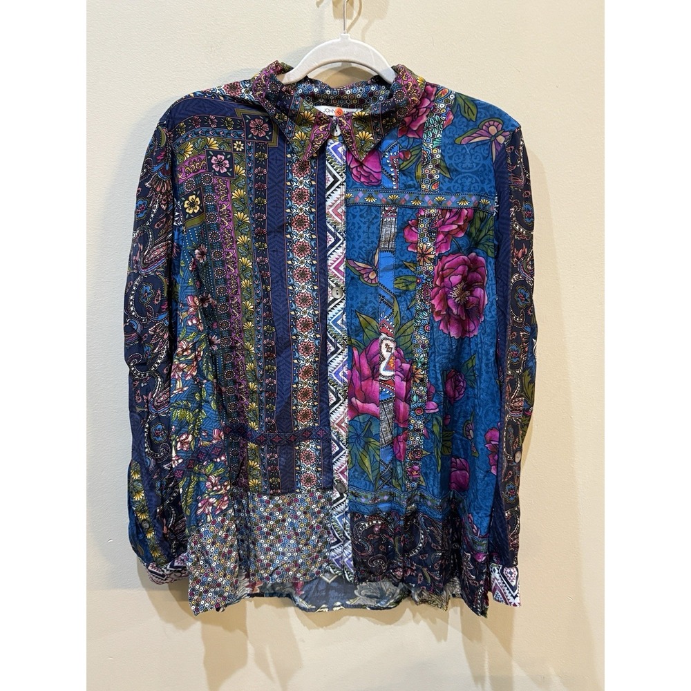 John Mark women's mixed-print button-front tunic‎ Size Large Silky Floral Boho - Picture 2 of 10